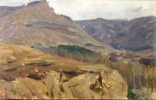 Ефанов В.П. «Дорога на седло. Кисловодск», пейзаж,1958, картон, масло, 28x18cm  ОТКРЫТКА: <51kb>