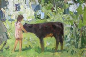 Ефанов В.П. «Девочка с теленком», этюд,1962, картон, масло, 29,5x44,5cm  ОТКРЫТКА: <64kb>