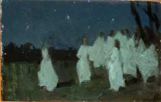 Ефанов В.П. «Девушки в лунную ночь», пейзаж,1975, картон, масло, 23x36cm  ОТКРЫТКА: <42kb>