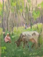 Ефанов В.П. «Девушка и корова в лесу», этюд,1966, картон, масло, 32x24cm  ОТКРЫТКА: <33kb>
