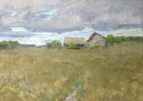 Ефанов В.П. «Окраина деревни», пейзаж,1974, холст на картоне, масло, 24,5x34,5cm  ОТКРЫТКА: <41kb>