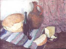 Суворова А.П. «Хлеб, вино и сыр», натюрморт,1973, холст, масло, 75x100cm  ОТКРЫТКА: <51kb>