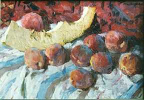 Суворова А.П. «Дыня и персики», натюрморт,1990, холст, масло, 70x50cm  ОТКРЫТКА: <54kb>