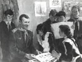 Суворова А.П. «Гагарин с детьми», жанр,1973, холст, масло, 110x150cm  ОТКРЫТКА: <53kb>