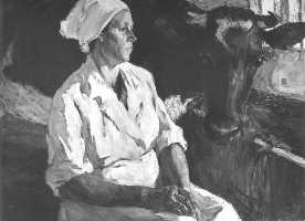 Суворова А.П. «Ждем теленочка. Доярка совхоза Горки II», портрет,1975, холст, масло, 24x37cm  ОТКРЫТКА: <56kb>