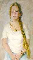 Суворова А.П. «Девушка с косой», портрет,1998, картон, масло, 90x50cm  ОТКРЫТКА: <21kb>