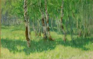 Суворова А.П. «Весна. Березовая роща», пейзаж,1968, бумага, пастель, 29x45cm  ОТКРЫТКА: <53kb>
