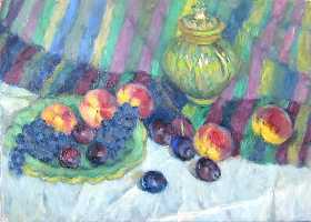 Суворова А.П. «Персики, сливы и виноград», натюрморт,2001, холст, масло, 50x70cm  ОТКРЫТКА: <64kb>