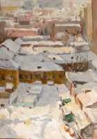 Суворова А.П. «Зимой из окна мастерской», пейзаж,1973, картон, масло, 50x35cm  ОТКРЫТКА: <30kb>
