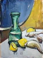 Суворова А.П. «Зеленая бутылка, лимон и вобла», натюрморт,1965, картон, масло, 40x29,5cm  ОТКРЫТКА: <36kb>