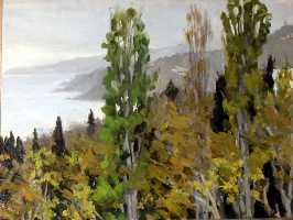 Суворова А.П. «Крым. Весна», пейзаж,1957, картон, масло, 35x47cm  ОТКРЫТКА: <56kb>