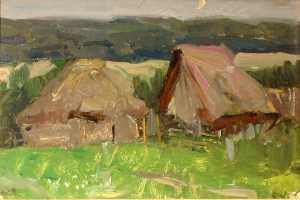 Суворова А.П. «Лодыжино. Ока», пейзаж,1955, картон, масло, 18x27cm  ОТКРЫТКА: <54kb>