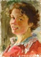 Суворова А.П. «Автопортрет», портрет,1958, картон, масло, 35x25cm  ОТКРЫТКА: <33kb>