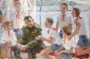 Суворова А.П. «Гагарин в Артеке», эскиз,1961, картон, масло, 22x33,5cm  ОТКРЫТКА: <68kb>