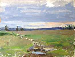 Суворова А.П. «Дорожка после дождя», пейзаж,1956, картон, масло, 25,5x33,5cm  ОТКРЫТКА: <49kb>