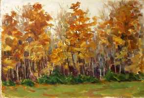 Суворова А.П. «Дубки. Осень», пейзаж,1957, картон, масло, 25,2x35cm  ОТКРЫТКА: <71kb>
