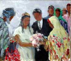 Суворова А.П. «Узбекская свадьба», эскиз,1968, картон, масло, 23x24,5cm  ОТКРЫТКА: <60kb>