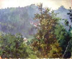 Суворова А.П. «Махинджаури. Идет дождь», пейзаж,1952, картон, масло, 25x35cm  ОТКРЫТКА: <56kb>
