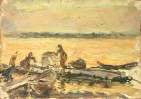 Суворова А.П. «Вечер на Волге», пейзаж,1945, картон, масло, 23,5x33,5cm  ОТКРЫТКА: <60kb>