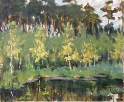 Суворова А.П. «Прудик в лесу», пейзаж,1957, картон, масло, 40x48,5cm  ОТКРЫТКА: <66kb>
