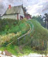 Суворова А.П. «Домик бакенщика в Лодыжино», пейзаж,1958, картон, масло, 48,5x40,5cm  ОТКРЫТКА: <34kb>