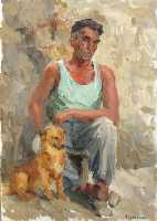 Суворова А.П. «Мужчина с собакой («Мишка»)», этюд,1957, картон, масло, 48x34cm  ОТКРЫТКА: <32kb>