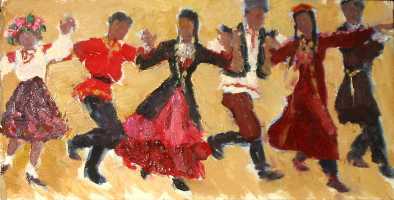 Суворова А.П. «Танец», эскиз,1987, картон, масло, 16x32,5cm  ОТКРЫТКА: <85kb>