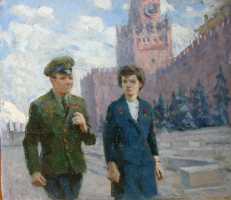 Суворова А.П. «Гагарин и Терешкова на Красной площади», эскиз,1975, картон, масло, 35,5x41cm  ОТКРЫТКА: <38kb>