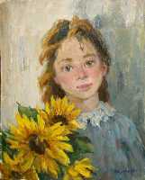 Суворова А.П. «Девочка с подсолнухами», портрет,1997, картон, масло, 50x40cm  ОТКРЫТКА: <37kb>