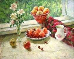 Суворова А.П. «Окно в сад», натюрморт,1995, холст, масло, 80x100cm  ОТКРЫТКА: <60kb>