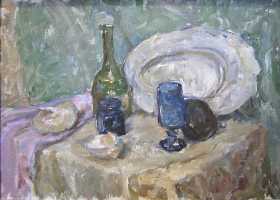 Суворова Н.Д. «Натюрморт с зеленой бутылкой», натюрморт,1998, холст, масло, 50x70cm  ОТКРЫТКА: <57kb>