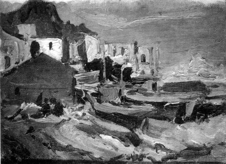 Ефанов В.П. «Сицилия. У рыбаков», пейзаж,1965, картон, масло, 13x19cm  ОТКРЫТКА: <82kb>