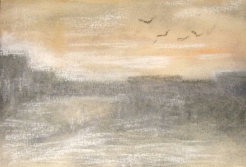 Ефанов В.П. «Туманное утро», пейзаж,1975, бумага, пастель, 19x28cm  ОТКРЫТКА: <56kb>