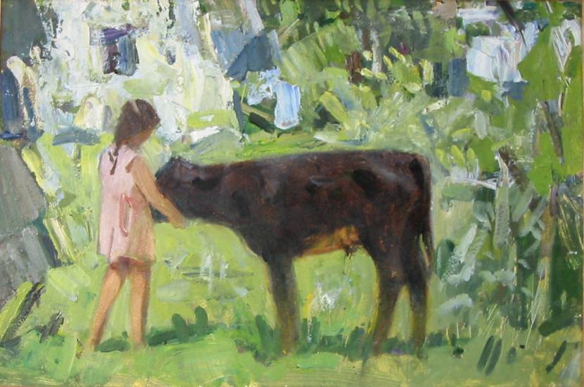 Ефанов В.П. «Девочка с теленком», этюд,1962, картон, масло, 29,5x44,5cm  ОТКРЫТКА: <64kb>