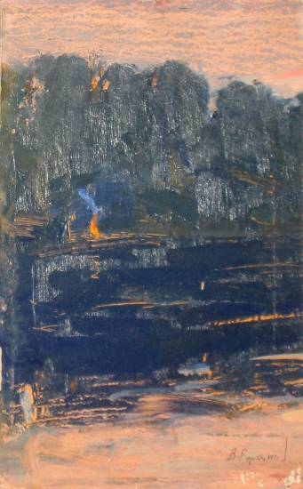 Ефанов В.П. «Синяя ночь. Костер», пейзаж,1974, картон, масло, 29x18cm  ОТКРЫТКА: <29kb>