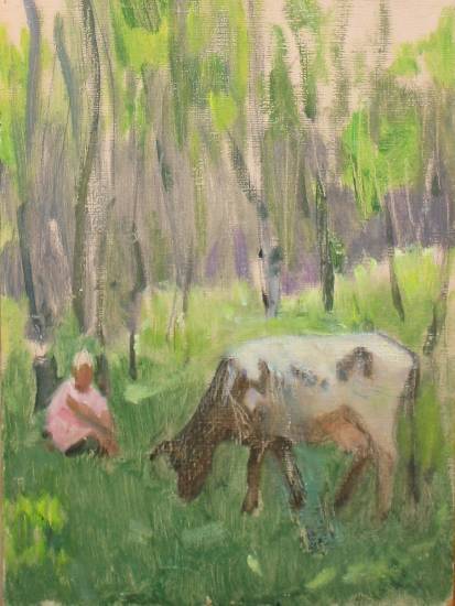 Ефанов В.П. «Девушка и корова в лесу», этюд,1966, картон, масло, 32x24cm  ОТКРЫТКА: <33kb>