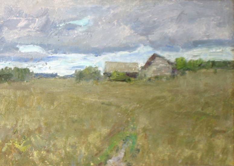 Ефанов В.П. «Окраина деревни», пейзаж,1974, холст на картоне, масло, 24,5x34,5cm  ОТКРЫТКА: <41kb>