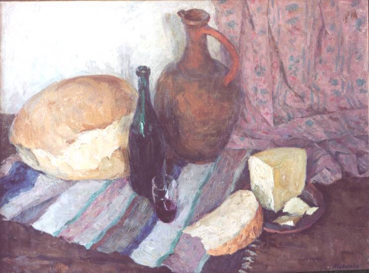 Суворова А.П. «Хлеб, вино и сыр», натюрморт,1973, холст, масло, 75x100cm  ОТКРЫТКА: <51kb>