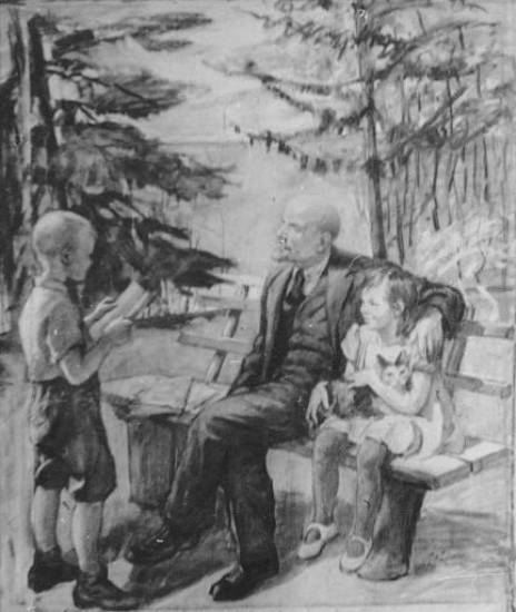 Суворова А.П. «Рисунок к работе В.И. Ленин в Горках с детьми», эскиз,1950, холст, уголь, 33x25cm  ОТКРЫТКА: <34kb>
