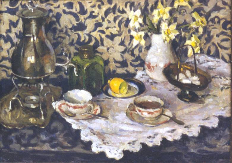 Суворова А.П. «Чай», натюрморт,1983, холст, масло, 50x70cm  Галерея СДМ банка ОТКРЫТКА: <66kb>