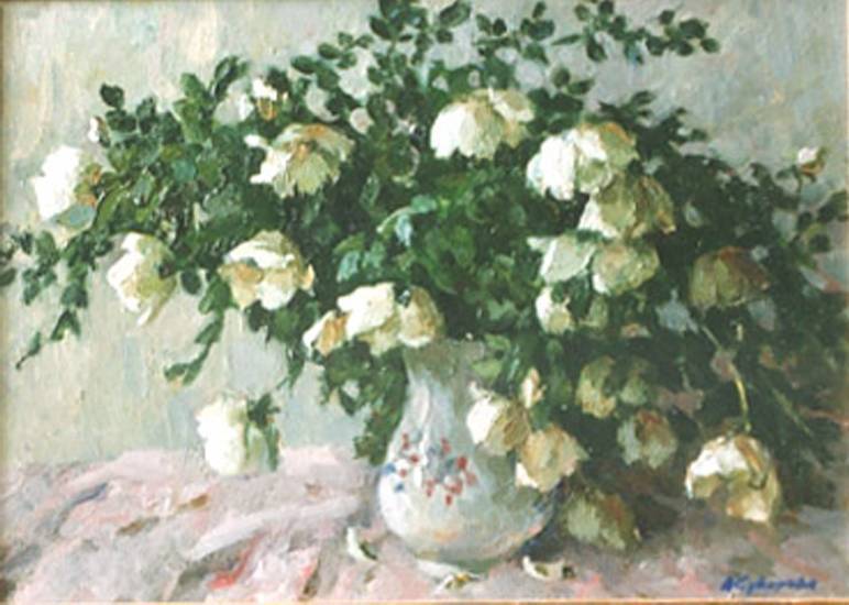 Суворова А.П. «Маленькие белые розочки», натюрморт,1996, холст, масло, 60x70cm  ОТКРЫТКА: <53kb>