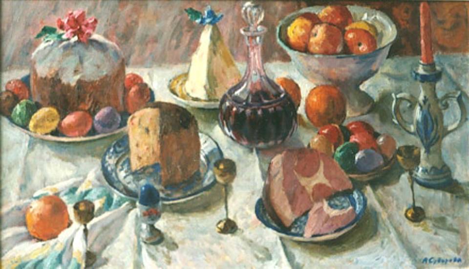 Суворова А.П. «Пасхальный стол», натюрморт,1998, холст, масло, 45x80cm  ОТКРЫТКА: <67kb>