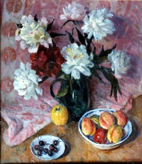 Суворова А.П. «Розовый натюрморт с персиками», натюрморт,1994, холст, масло, 90x50cm  ОТКРЫТКА: <43kb>
