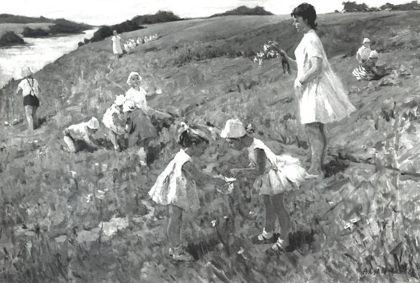 Суворова А.П. «Детсад на прогулке у реки», жанр,1968, холст, масло, 29x45cm  ОТКРЫТКА: <73kb>