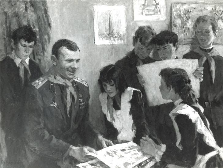 Суворова А.П. «Гагарин с детьми», жанр,1973, холст, масло, 110x150cm  ОТКРЫТКА: <53kb>