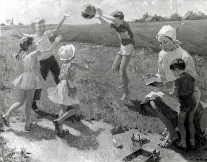 Суворова А.П. «Дети на солнышке с мячом», жанр,1985, холст, масло, 50x70cm  ОТКРЫТКА: <54kb>