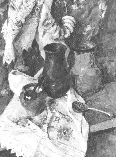 Суворова А.П. «Натюрморт с крынками», натюрморт,1978, холст, масло, 50x80cm  ОТКРЫТКА: <37kb>