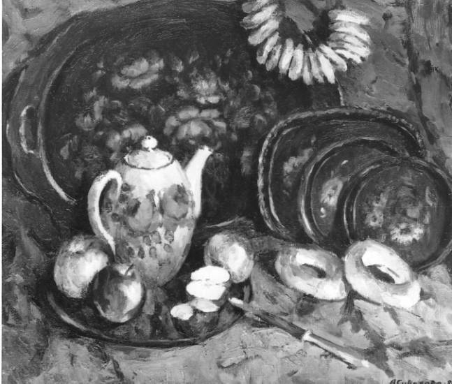 Суворова А.П. «Жостовские подносы», натюрморт,1984, холст, масло, 50x70cm  ОТКРЫТКА: <54kb>