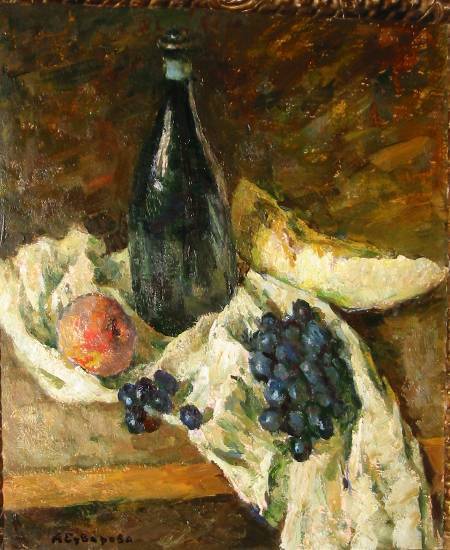 Суворова А.П. «Натюрморт с черной бутылкой», натюрморт,1999, картон, масло, 55x45cm  ОТКРЫТКА: <46kb>