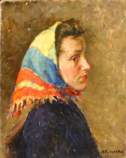 Суворова А.П. «Девушка в платочке», портрет,1945, картон, масло, 50x40cm  ОТКРЫТКА: <32kb>